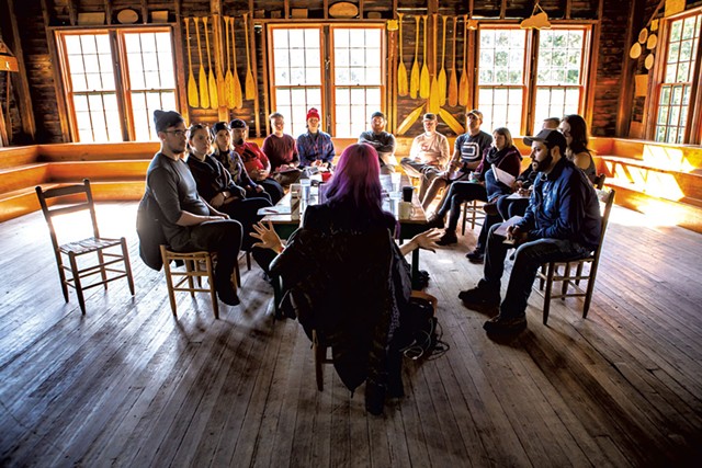 Satine Phoenix leads a seminar on storytelling at Camp Mograph in North Hero - LUKE AWTRY