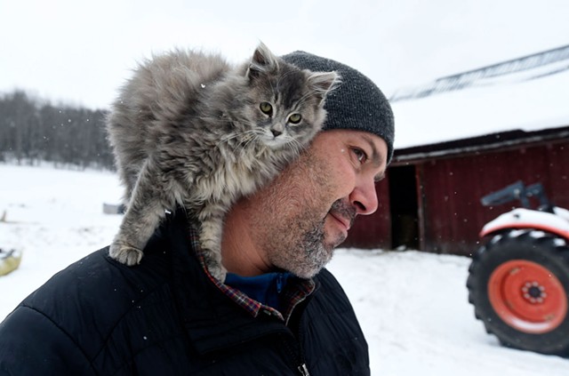 Farmworker Joe Thompson with a barn cat - JEB WALLACE-BRODEUR