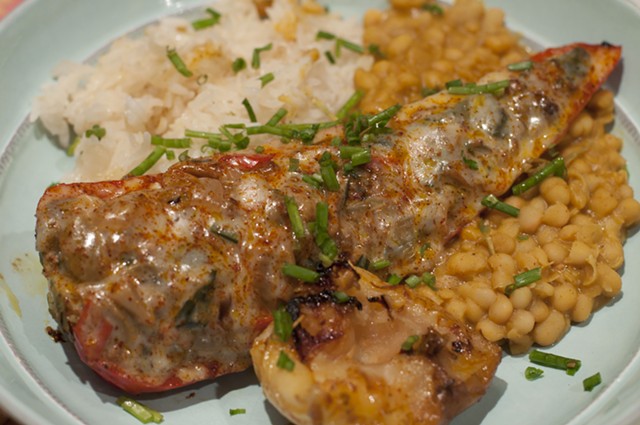 Chiles rellenos with roasted apple, rice and beans - HANNAH PALMER EGAN