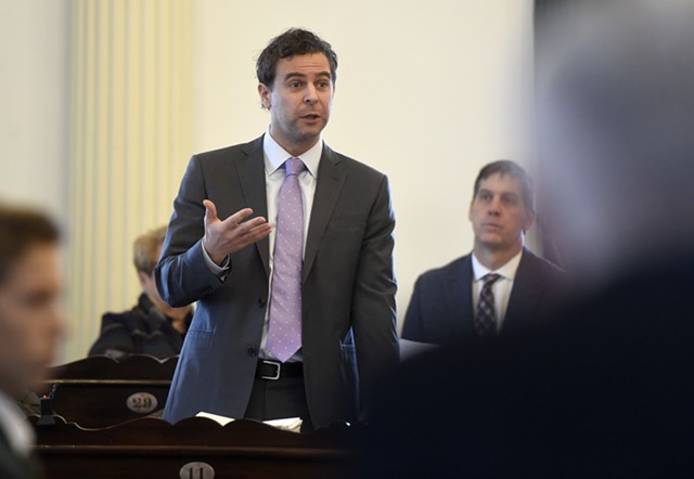 Senate President Pro Tempore Tim Ashe addressing colleagues Tuesday at the Statehouse - JEB WALLACE-BRODEUR