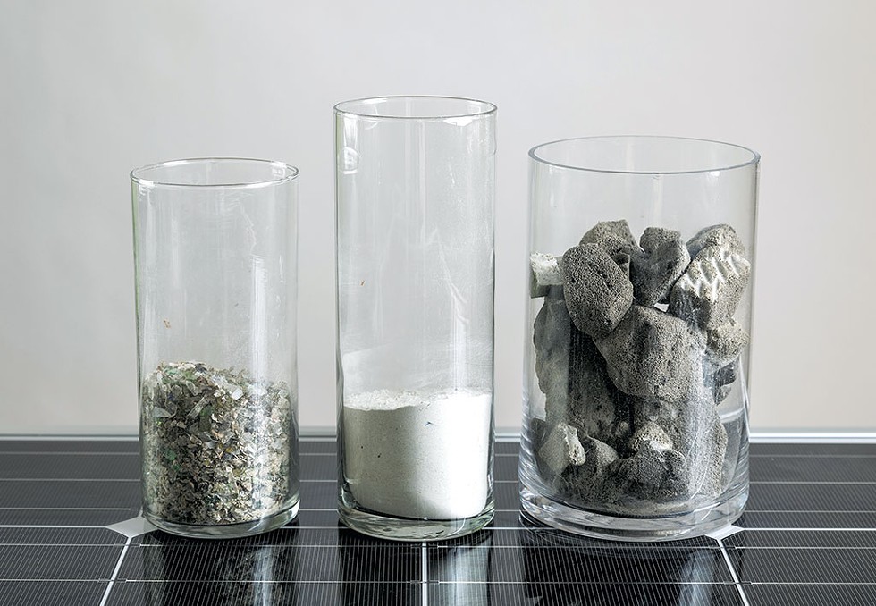 From left: Recycled glass chunks, powdered glass and finished foam-glass aggregate - OLIVER PARINI