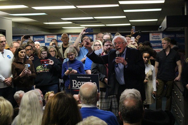 Sen. Bernie Sanders addressing supporters at his field office in Newton, Iowa - PAUL HEINTZ