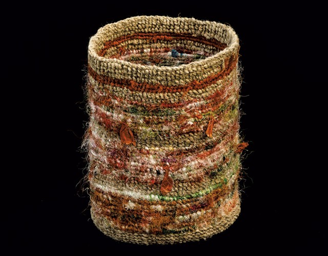 Colorful finger-weave twined bag made by Vera Sheehan of the Elnu Tribe. This is an ancient, traditional way of making bags from milkweed or other fiber material. - COURTESTY OF DIANE STEVENS