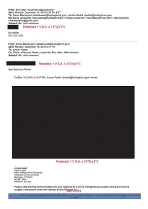 Burlington redacted emails sent by private citizens weighing in on city business. Seven Days obscured Miller's phone number