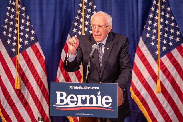 Sen. Bernie Sanders speaking Wednesday at Burlington's Hotel Vermont - LUKE AWTRY