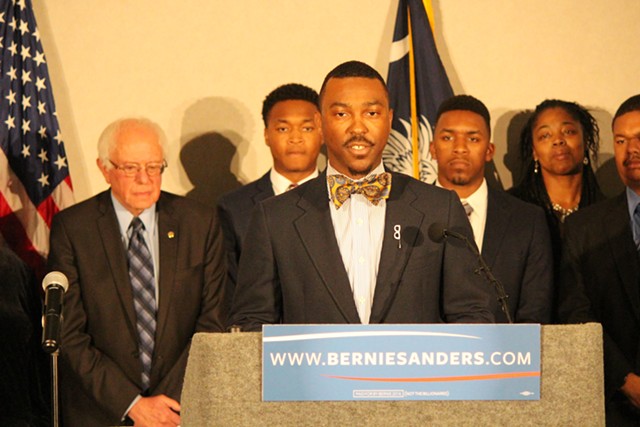 Student activist Hamilton Grant speaks at a Sanders press conference Saturday in Columbia - PAUL HEINTZ