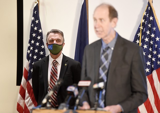 Gov. Phil Scott and Health Commissioner Mark Levine at a recent briefing - FILE: JEB WALLACE-BRODEUR
