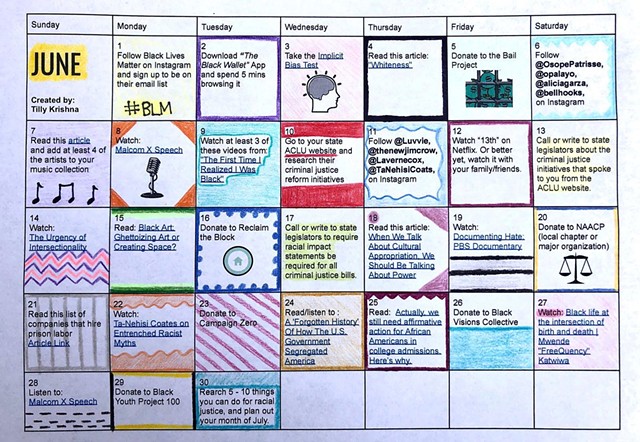 Anti-Racism Challenge calendar created by Tilly Krishna - COURTESY OF TILLY KRISHNA
