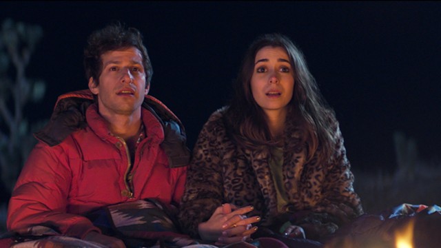 Andy Samberg and Cristin Milioti relax into the time-loop lifestyle in Palm Springs. - HULU