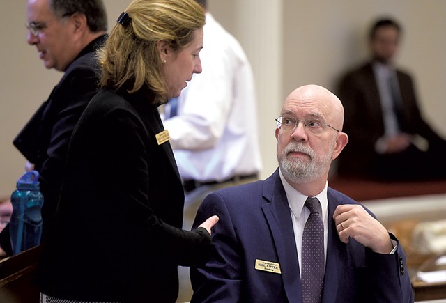 Rep. Bill Lippert speaking with Rep. Jessica Brumstead at the Statehouse in 2019 - FILE: JEB WALLACE-BRODEUR
