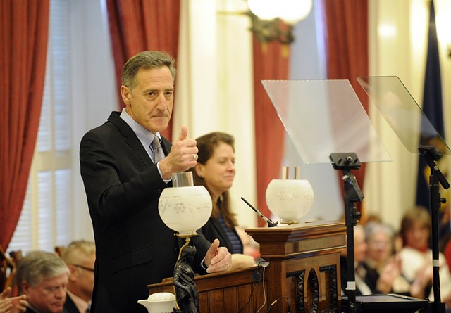 Gov. Peter Shumlin gives his final State of the State address Thursday afternoon at the Statehouse in Montpelier. - JEB WALLACE-BRODEUR