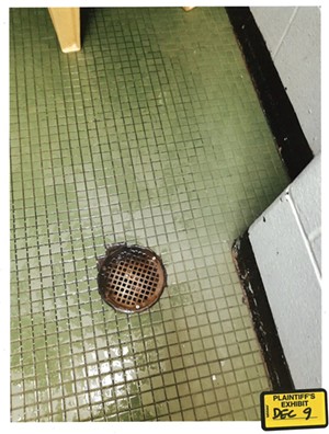 A December 2019 photograph of a Chittenden Regional Correctional Facility shower taken by Office of Prisoners' Rights investigator Hillary Reale - CHITTENDEN SUPERIOR COURT
