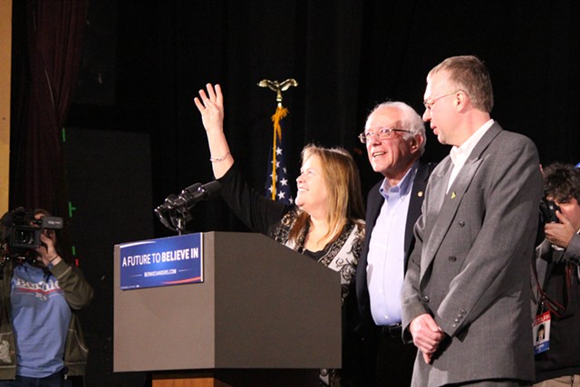 Jane Sanders, Sen. Bernie Sanders and Levi Sanders Thursday in Rochester, N.H. - PAUL HEINTZ
