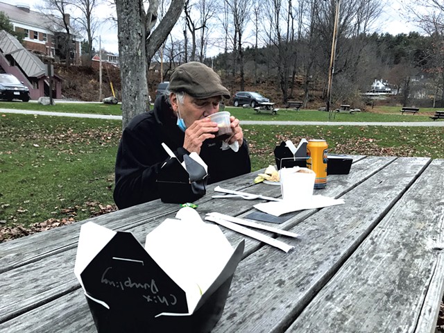 Steve Bogart drinking hot-and-sour soup at a park in Stowe - SALLY POLLAK ©️ SEVEN DAYS