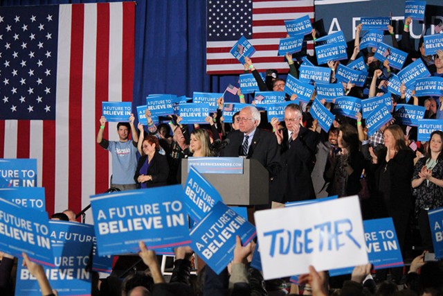 Sen. Bernie Sanders declares victory Tuesday night in Concord, N.H. - PAUL HEINTZ