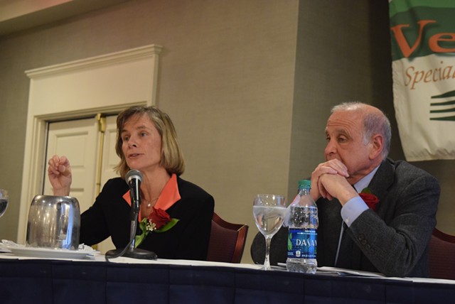 Former transportation secretary Sue Minter (left) and retired Wall Street executive Bruce Lisman at a forum for gubernatorial candidates. - TERRI HALLENBECK