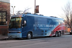 Sen. Sanders' bus last month in Davenport, Iowa - PAUL HEINTZ