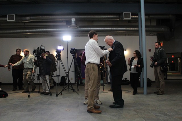 Sen. Patrick Leahy prepares for a Burlington press conference in February. - FILE: PAUL HEINTZ
