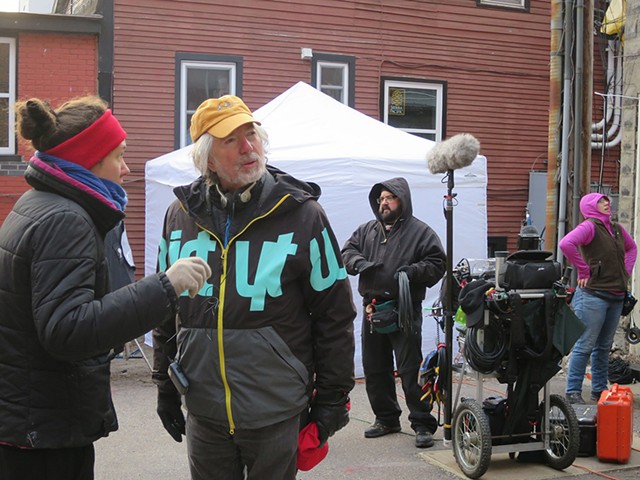 Jay Craven (yellow cap), crew and actors on set for Wetware - MATTHEW THORSEN