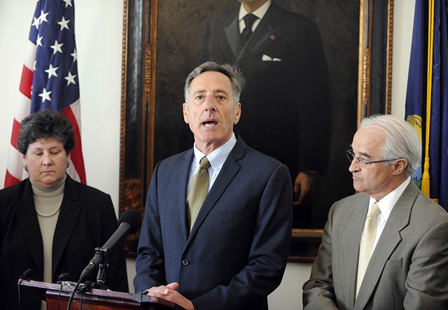Department of Financial Regulation Commissioner Susan Donegan, Gov. Peter Shumlin and Attorney General Bill Sorrell outline state charges against Jay Peak developers Thursday at the Statehouse. - JEB WALLACE-BRODEUR
