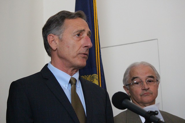 Gov. Peter Shumlin and Attorney General Bill Sorrell address fraud charges against a pair of Northeast Kingdom developers last Thursday at the Statehouse. - PAUL HEINTZ