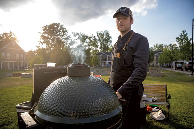 Henry Long and his Big Green Egg grill at a Good Grocery pop-up at Burlington's Bayberry Commons - JAMES BUCK