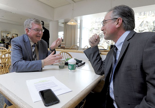 Jim Harrison, left, speaking with Senate Majority Leader Philip Baruth at the Statehouse - JEB WALLACE-BRODEUR