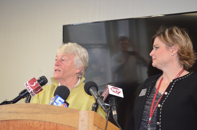 Carol Moore, interim president of Burlington College, speaks to reporters Monday as Coralee Holm, dean of operations and advancement, looks on. - ALICIA FREESE