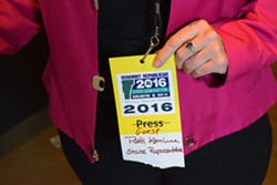 Rep. Patti Komline (R-Dorset) displays her name tag — minus the Lisman and Trump ads. - TERRI HALLENBECK