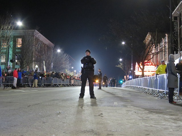 A Burlington Police Department officer on Main Street during the Trump rally - MATTHEW THORSEN