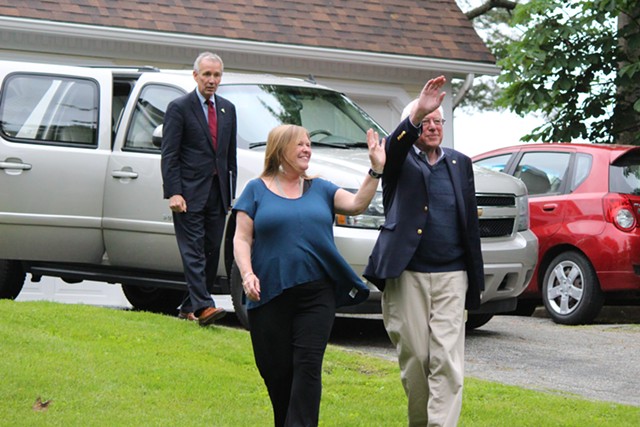 Jane O’Meara Sanders and Sen. Bernie Sanders at their Burlington home on Sunday - PAUL HEINTZ