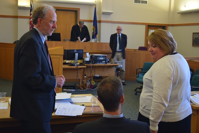 Defense attorneys David Williams (left) and Brooks McArthur confer with Deputy State's Attorney Diane Wheeler in Vermont Superior Court in St. Albans on Tuesday. - TERRI HALLENBECK