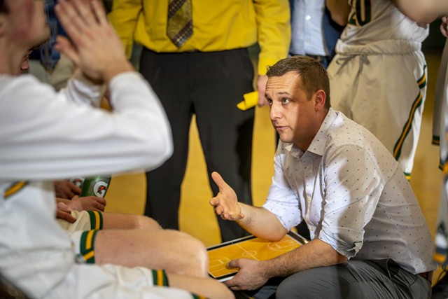 Matthew Toof coaching basketball at BFA St. Albans in February 2020 - COURTESY OF GREGORY J. LAMOUREUX/COUNTY COURIER
