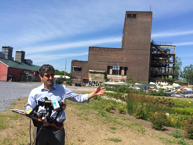 Mayor Miro Weinberger holds a press conference outside the Moran Plant on Thursday. - ALICIA FREESE