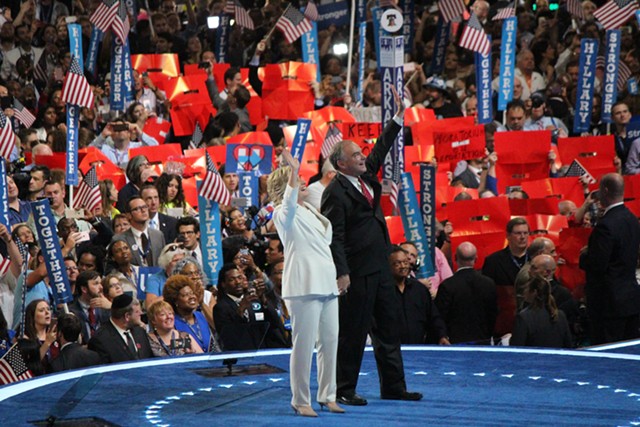 Hillary Clinton and Tim Kaine at the Democratic National Convention Thursday night in Philadelphia - PAUL HEINTZ