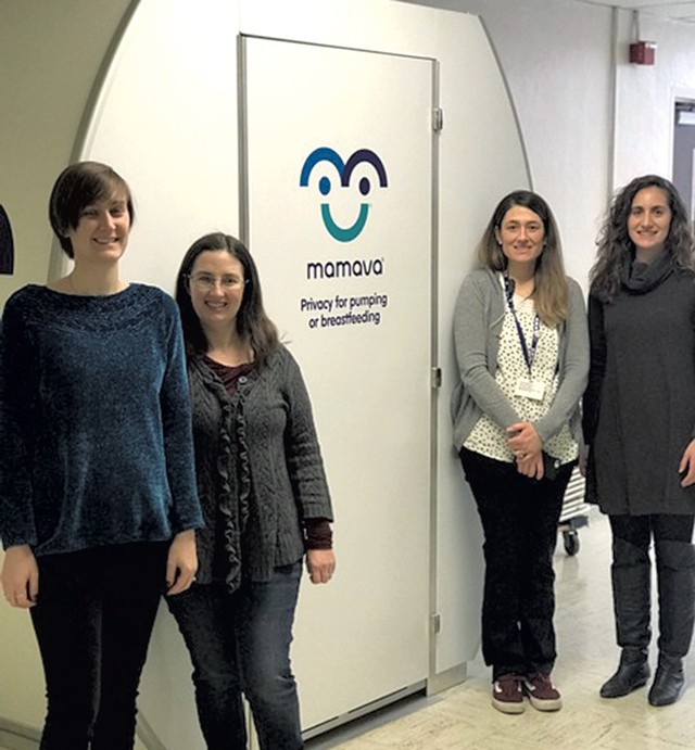 BHS employees and new moms Kelsey Shannon, Molly Roach, Lauren McBride and Francesca Dupuis with the school's new Mamava suite - COURTESY OF BURLINGTON SCHOOL DISTRICT