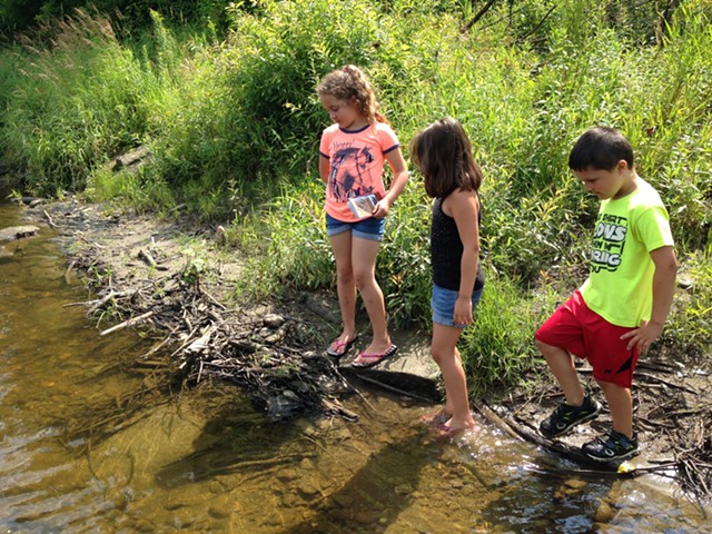 Chloe Decker, Tylee Shover and Taygon Shover check out a possible muskrat lodge at the edge of the Missisquoi River - COURTESY OF JEANNIE BARTLETT