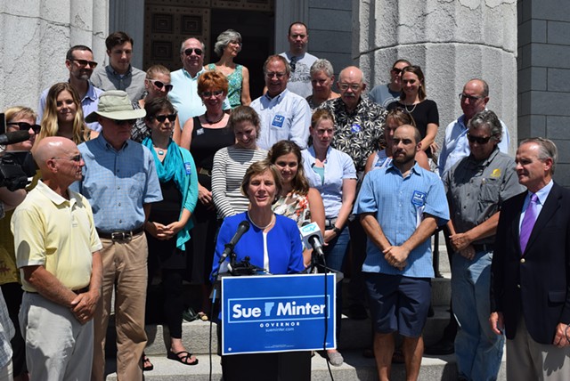 Sue Minter wins the endorsement of Vermont Conservation Voters on Tuesday at the Statehouse. - TERRI HALLENBECK