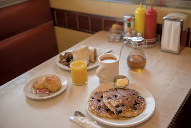 Blueberry pancakes, biscuits and the barbacoa burrito with home fries at the Parkway Diner - DARIA BISHOP