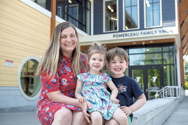 Georgia Kennedy with her children, Ruby and Jude, in front of the Greater Burlington YMCA - DARIA BISHOP