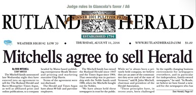 The front page of the Rutland Herald on August 11, 2016 - SCREENSHOT