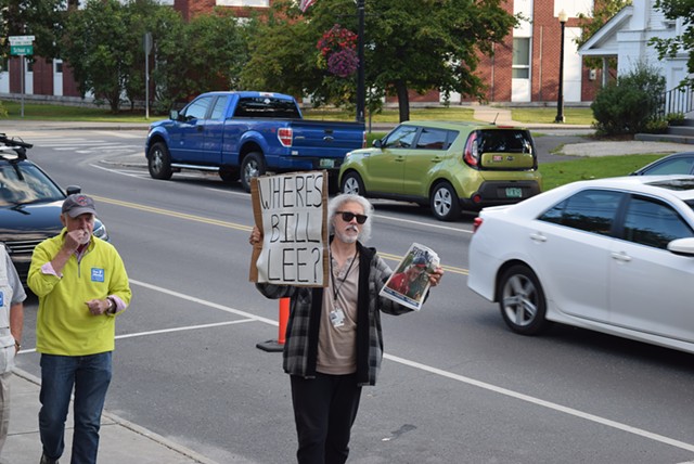 Ralph Corbo of East Wallingford protests outside the Chandler Music Hall in Randolph that Liberty Union candidate Bill Lee wasn’t invited to Monday’s gubernatorial debate. - TERRI HALLENBECK