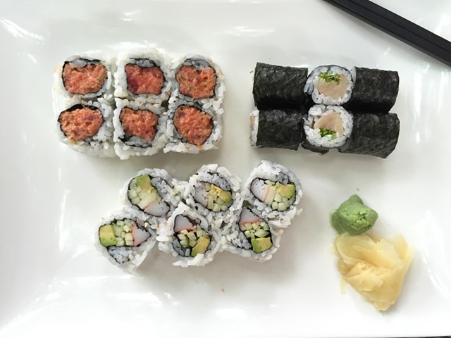 Asian Gourmet's no-frills sushi combo: spicy tuna, yellowtail-and-scallion, California roll - HANNAH PALMER EGAN