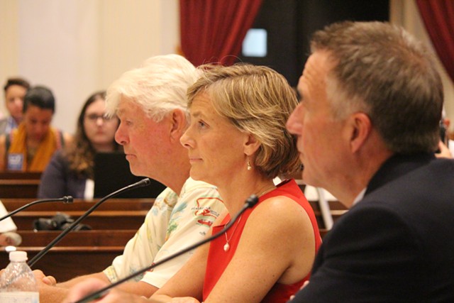 Bill Lee, Sue Minter and Phil Scott at a gubernatorial forum Thursday at the Statehouse - PAUL HEINTZ