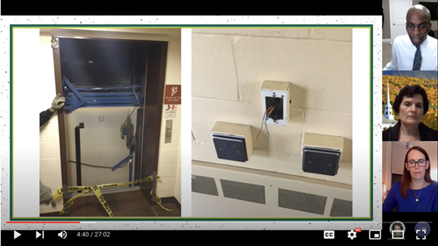 Damage to an elevator and an ID card reader, shown in the UVM video - SCREENSHOT