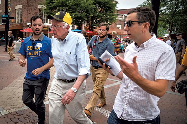 Sasha Goldstein (right) trying to get a word in with Sen. Bernie Sanders - GLENN RUSSELL