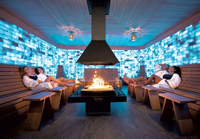 Spa Le Finlandais' Himalayan Lounge, with walls made of color-changing blocks of pink Himalayan salt - COURTESY OFSPA LE FINLANDAIS