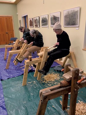 From left: Russell Ruff, Andrea Z-Covey and Rebecca Hill working on shave horses - MELISSA PASANEN
