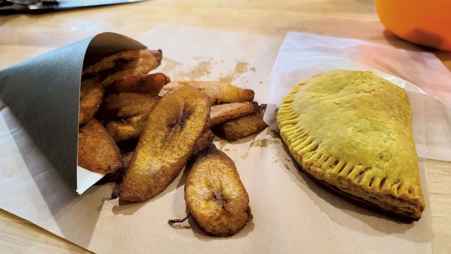 Portapies' fried sweet plantains and Jamaican patty - COURTESY