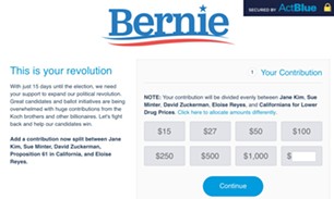A Sanders web page designed to raise money for five candidates and causes. - SCREENSHOT